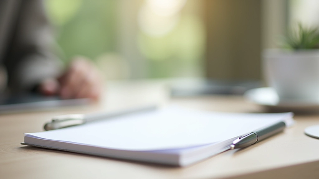 Schreibtisch mit Notizbuch, Stift und Kaffee, aufgeräumte Umgebung ohne Ablenkungen