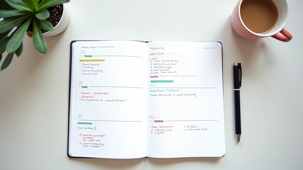 Schreibtisch mit aufgelisteten Zielen und Checkboxen, farbliche Markierungen für Kategorien