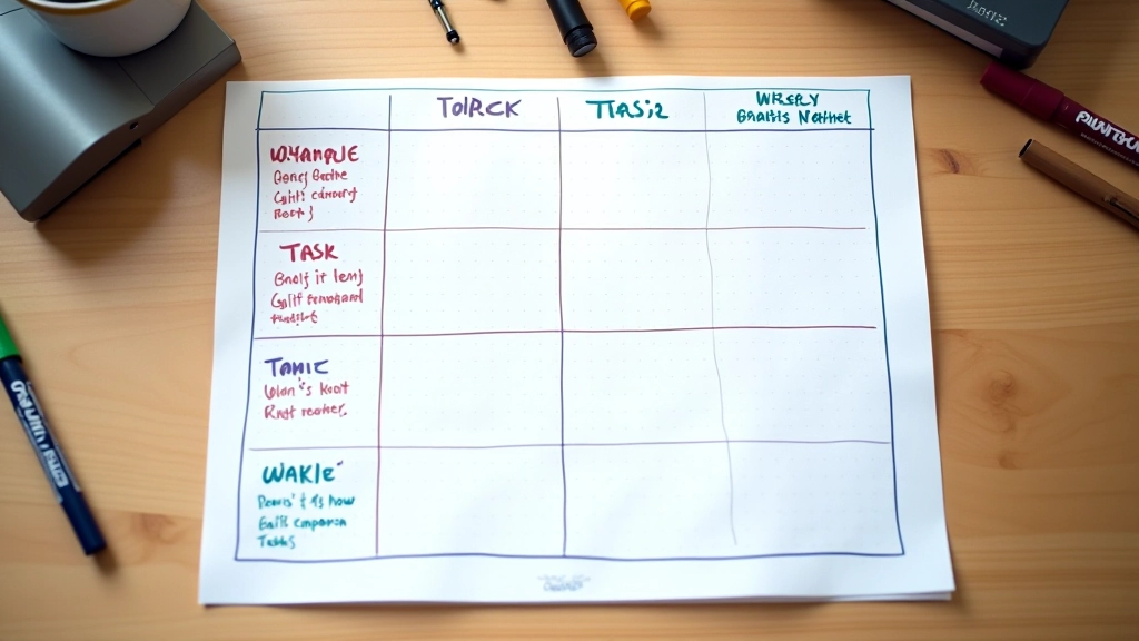 Farbig ausgemalte Eisenhower-Matrix mit echten Beispiel-Aufgaben auf Papier