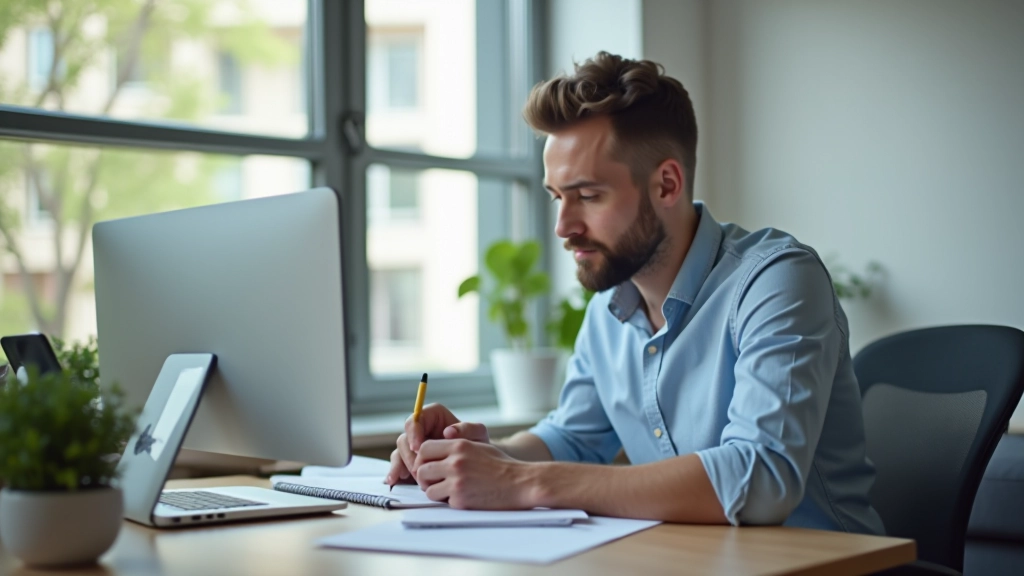 Person sitzt am Schreibtisch, konzentriert auf Arbeit, kein Handy sichtbar