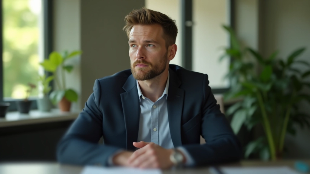 Person sitzt nachdenklich am Schreibtisch mit Notizbuch, Fenster mit Blick ins Grüne