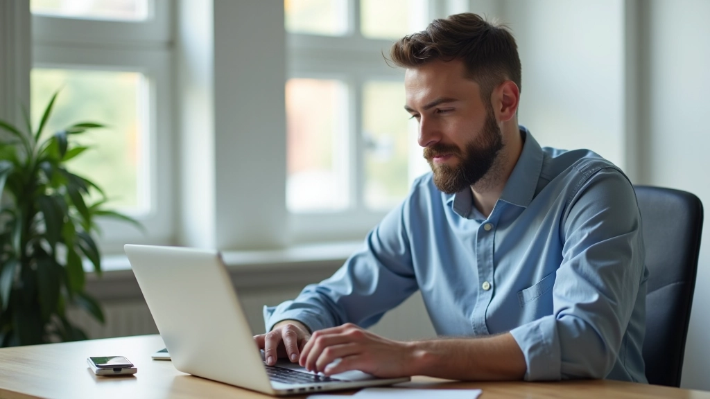 Person arbeitet fokussiert am Laptop, Smartphone ist ausgeschaltet, ruhige Umgebung