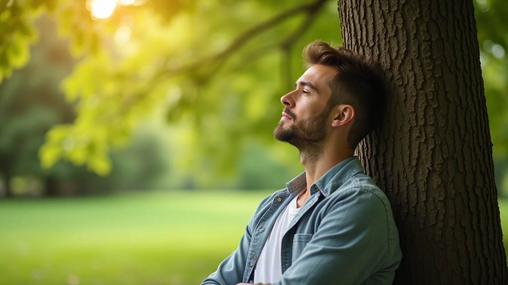 Person macht Pause im Freien, lehnt sich entspannt gegen einen Baum, friedliche Szene