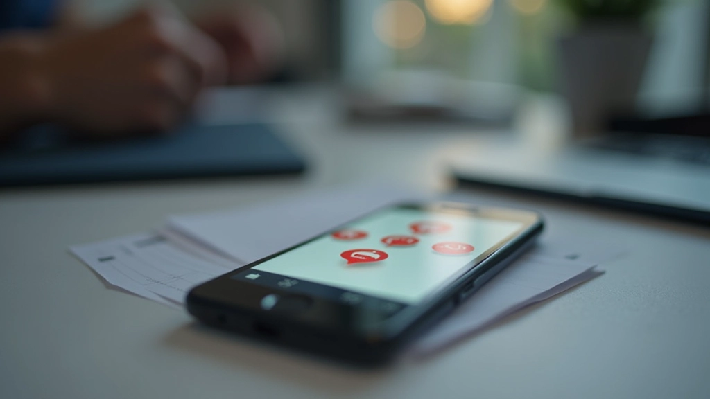 Smartphone auf dem Tisch zeigt viele Benachrichtigungen, rot markierte Mitteilungen überall auf dem Bildschirm