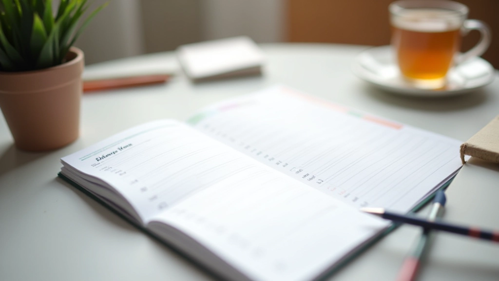 Wochenplan auf dem Schreibtisch mit Stift und Tee
