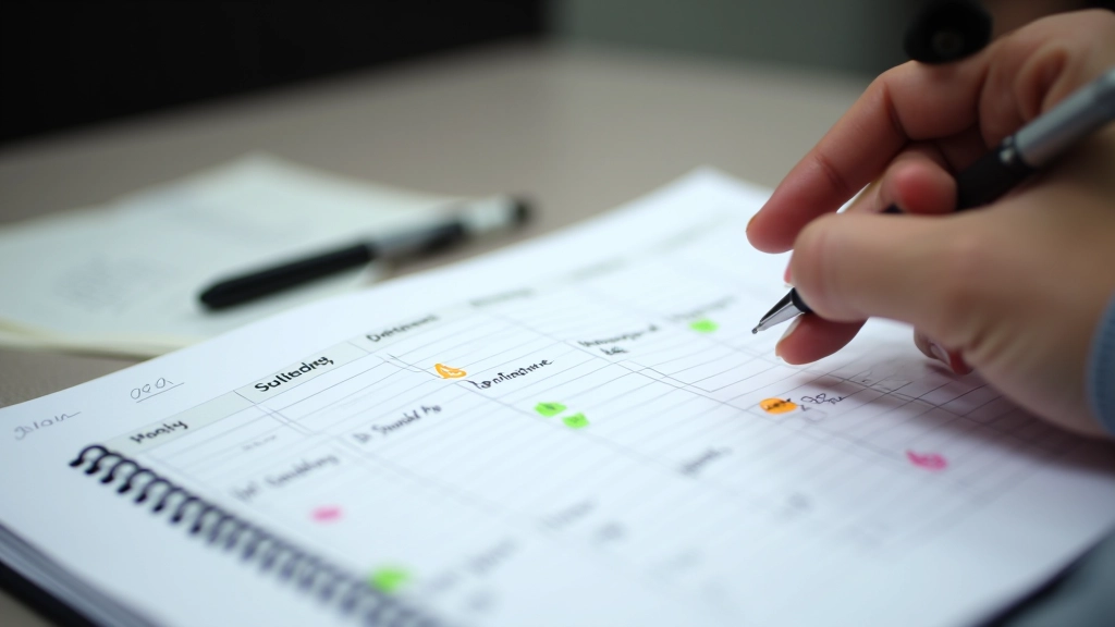 Wochenplaner mit handschriftlichen Notizen und farbigen Markierungen, strukturierte Planung sichtbar