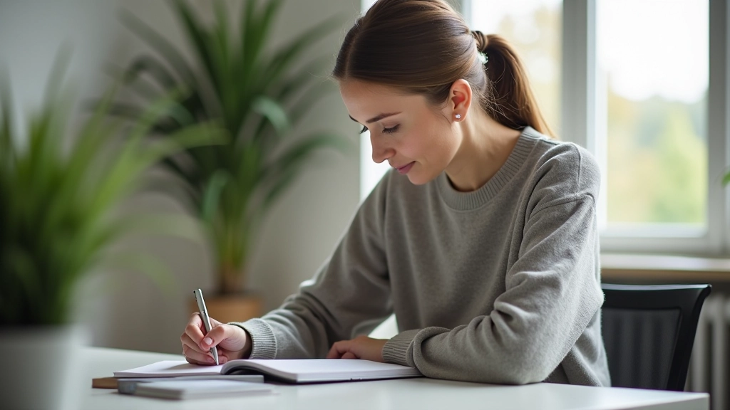 Person schreibt in Notizbuch an modernem Schreibtisch mit Pflanze im Hintergrund