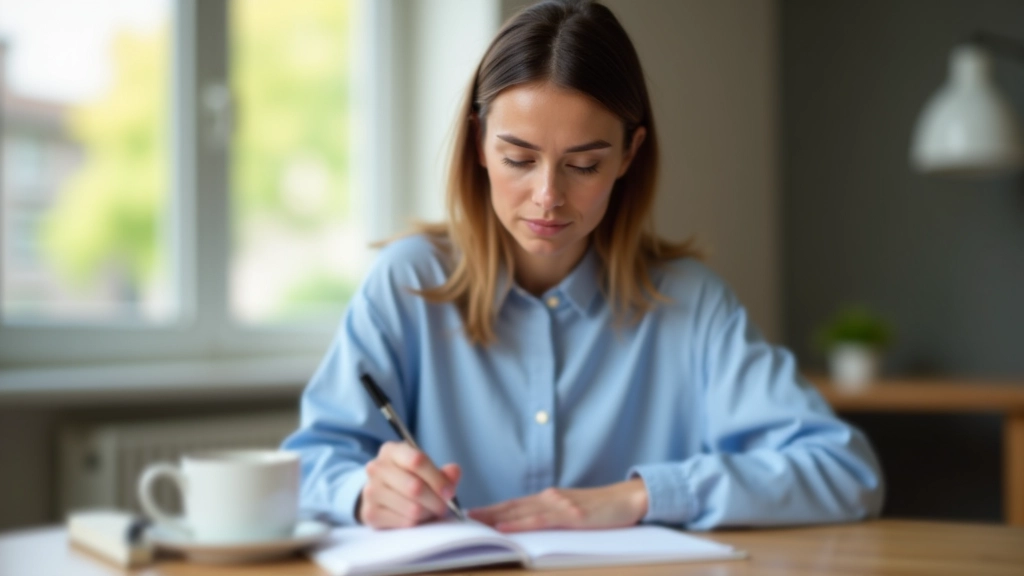 Frau schreibt ihre Wochenplanung in ein Tagebuch mit Kaffeetasse daneben auf hölzernem Schreibtisch