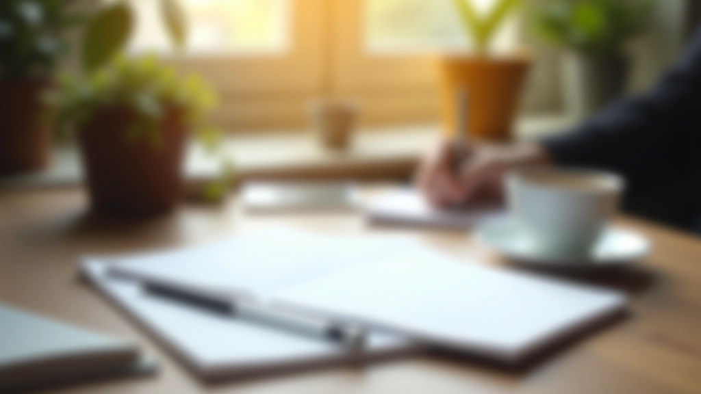 Schreibtisch mit Notizbuch, Stift und Kaffeetasse in organisierter Anordnung